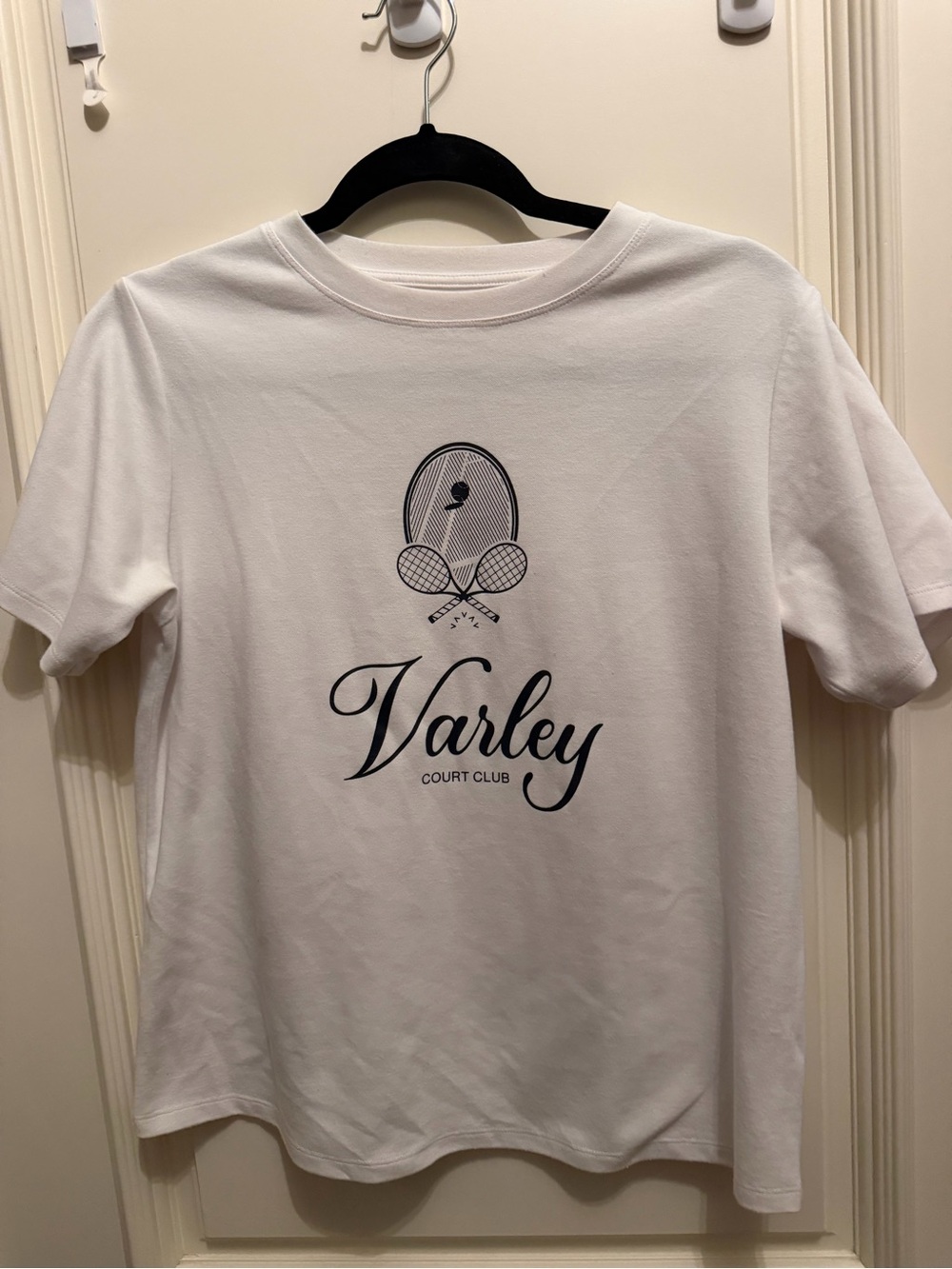 Varley White Tee with Navy Tennis Graphic